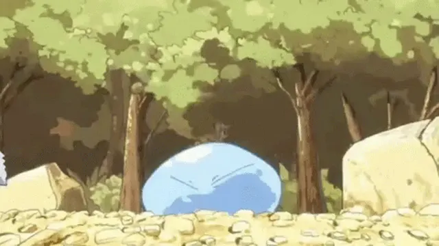 Ilustrasi slime biru beristirahat di hutan Jura